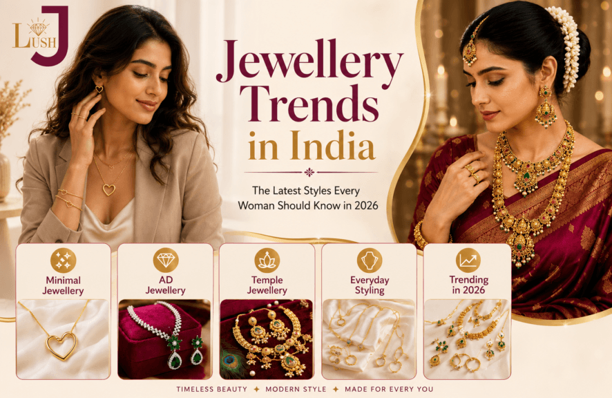 Latest Jewellery trends in India featuring Anti Tarnish Jewellery, AD Jewellery and Temple Jewellery for women in 2026.