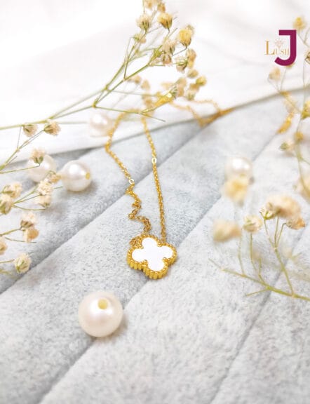 Anti Tarnish Jewellery 18K Gold Plated Jewellery White Four Leaf Clover Pendant for Women by LushJ