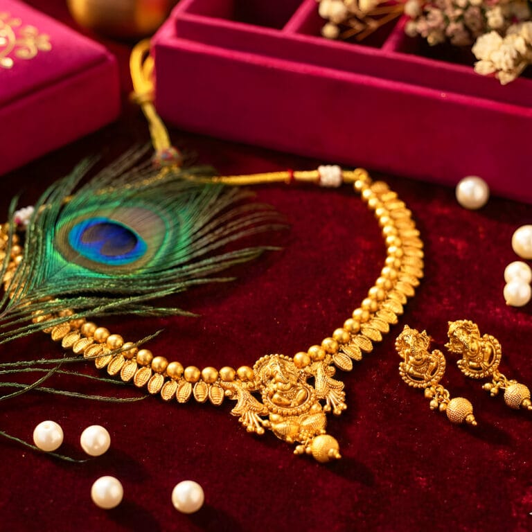 Gold Plated Ganesha Temple Jewellery Set for Women with Matte Finish South Indian Jewellery Copper Design LushJ
