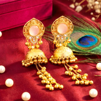 LushJ Kashmiri Dejhoor Earrings for Women Gold Plated Brass Long Ghungroo Jhumkas with Pink Crystal & AD Stones