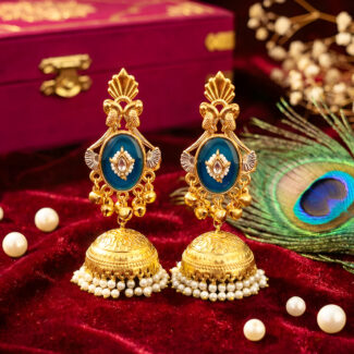 LushJ Kashmiri Dejhoor Earrings for Women Gold Plated Brass Peacock Ghungroo Jhumkas with Emerald Blue Color Stone