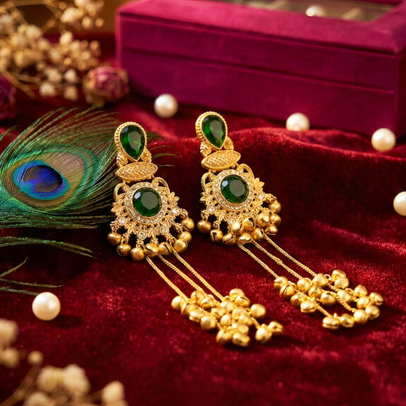 Kashmiri Earrings Gold Plated Brass Kashmiri Jhumka Dejhoor Emerald Green Crystal Stones LushJ